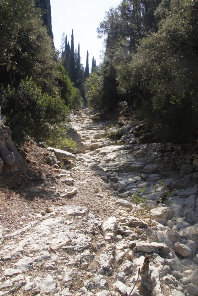 Im Sommer ausgetrocknetes Flussbett am Mühlenwanderweg