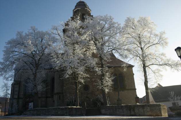 Die vereisten Linden vor der Kirche